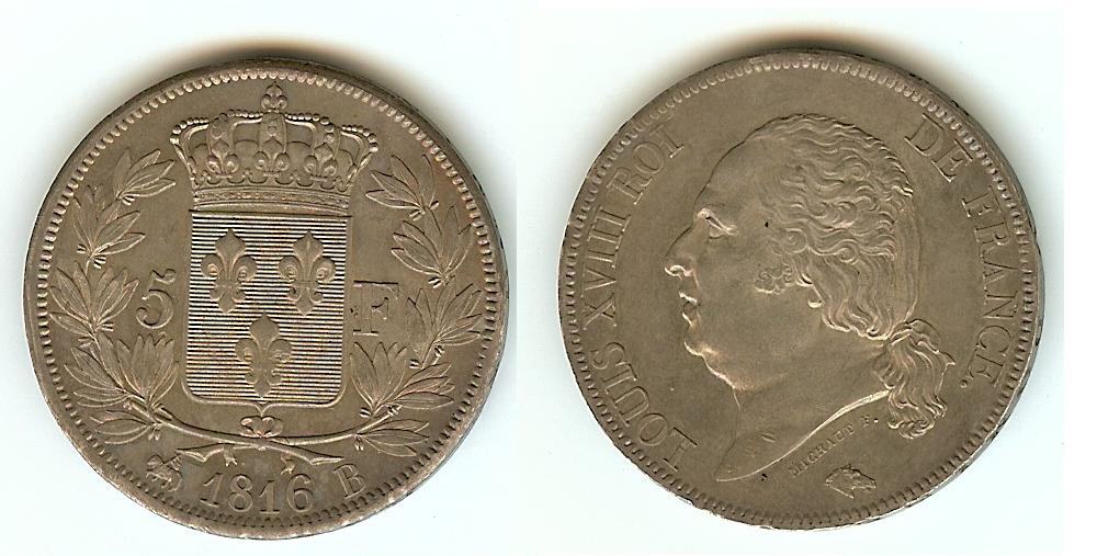 5 Francs Louis XVIII 1816B Rouen virtually Unc